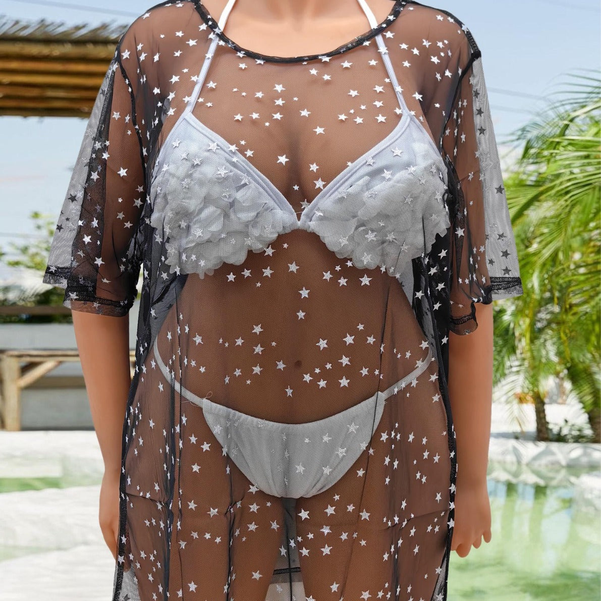 Beach Overclothes Women Dress Sexy Sheer Mesh Long Gilding Pattern T Shirt Bikini Cover up Bella Mia